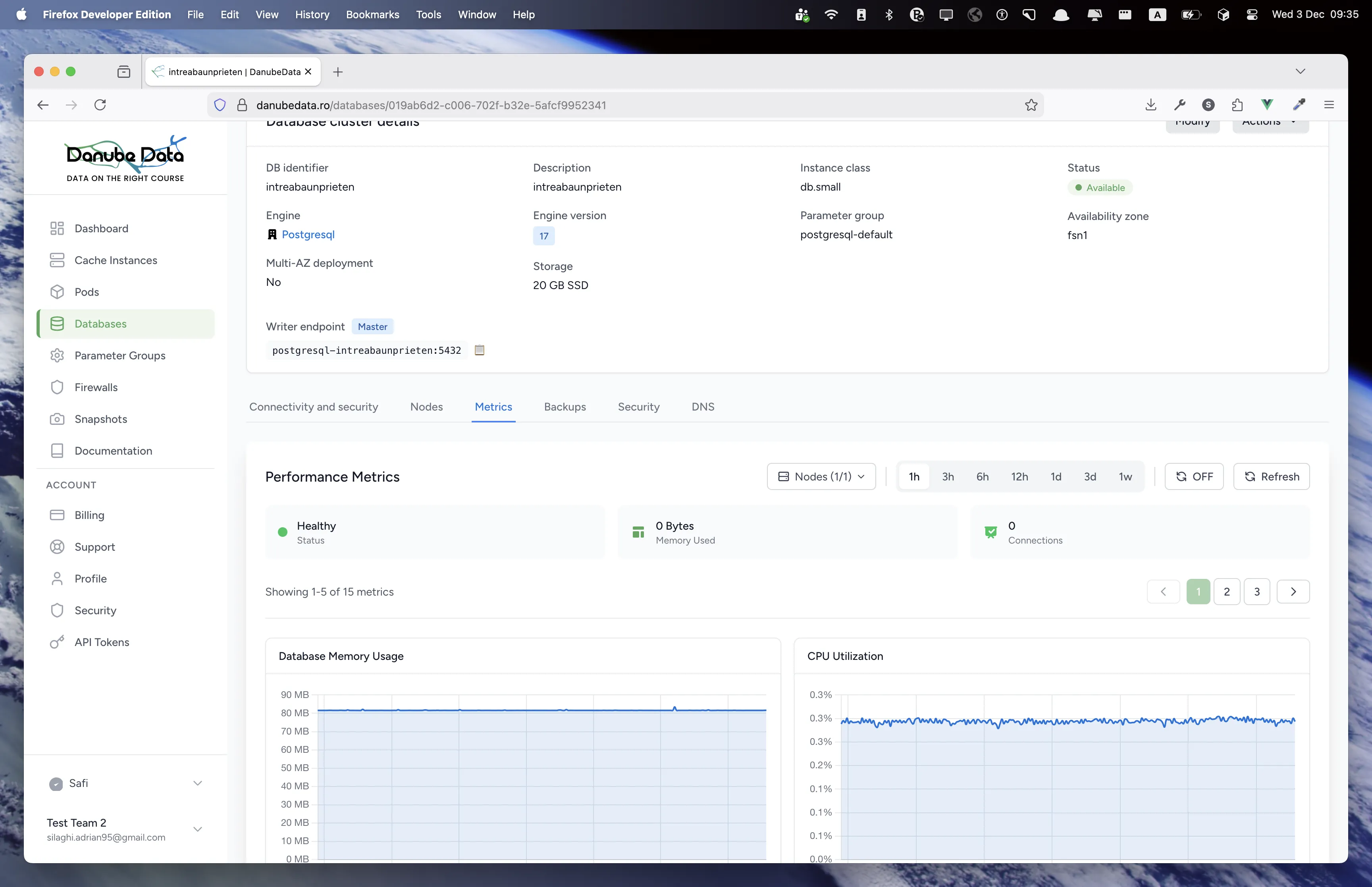 DanubeData Database Metrics - PostgreSQL, MySQL, MariaDB insights