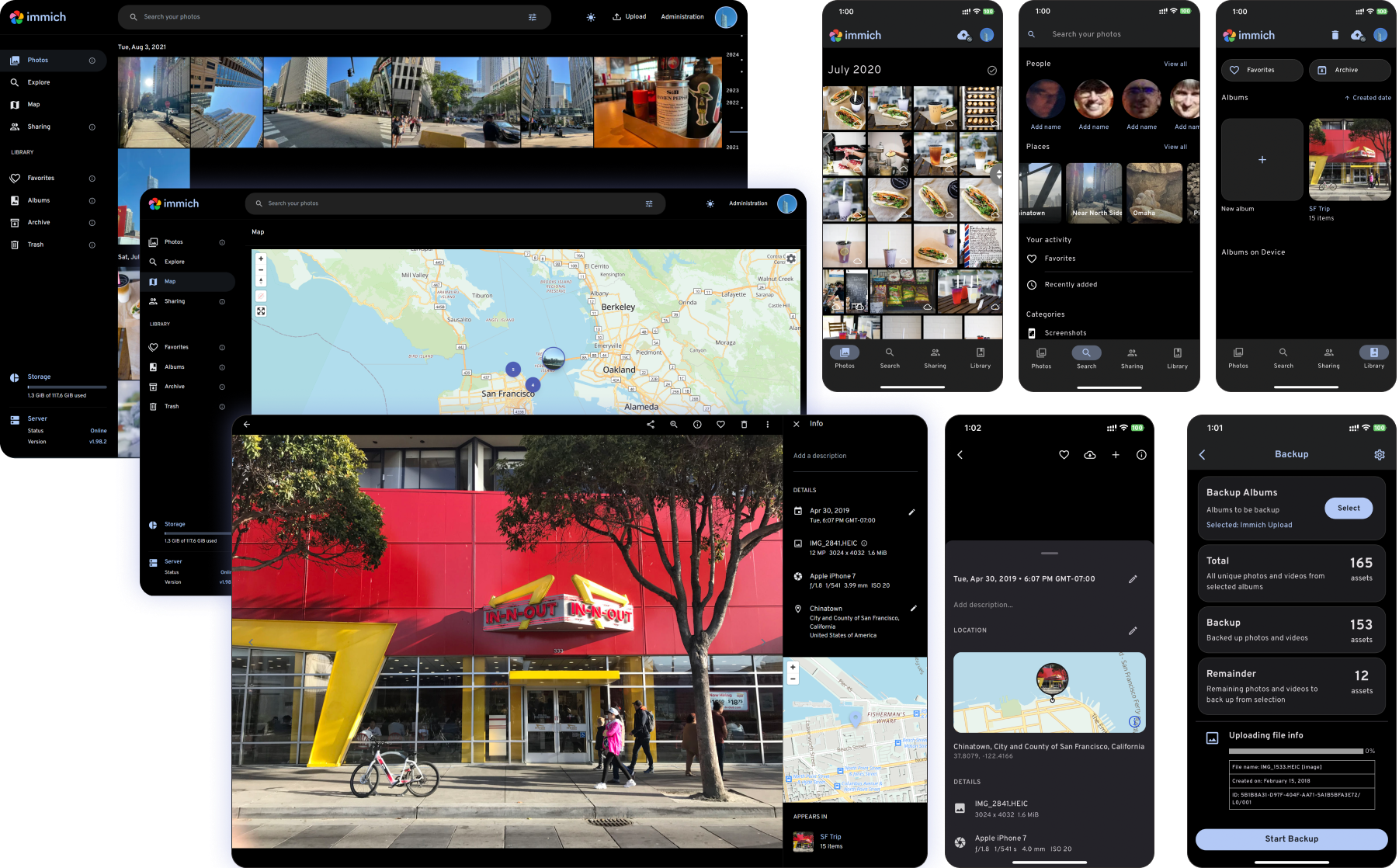 Immich app showing timeline view, interactive map, photo details with metadata, and mobile backup interface