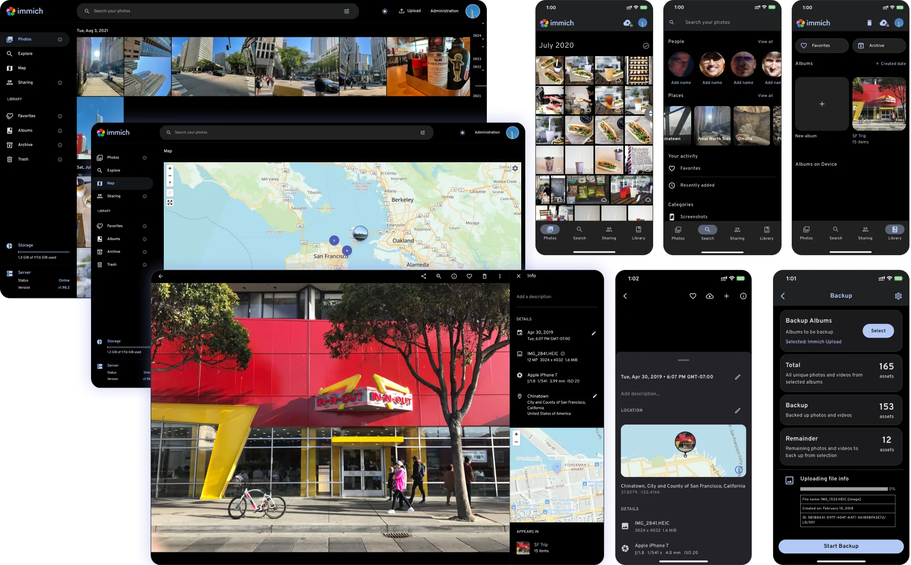 Immich app showing timeline view, interactive map, photo details with metadata, and mobile backup interface